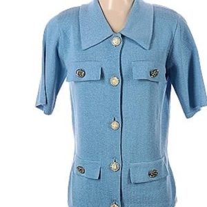 Pretty blue Vintage style  button up sweater top with faux pockets.